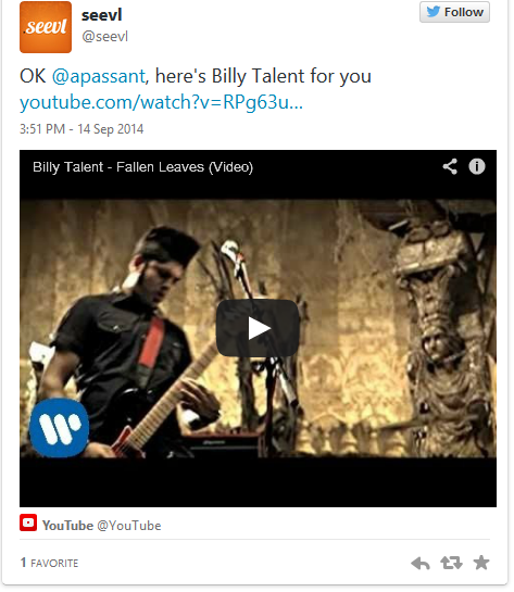 Seevl responds to Alex Passant and includes YouTube video of Billy Talent.
