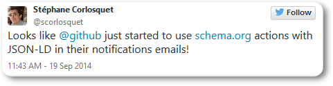 Tweet from @scolorquet: "Looks like @github just started to use http://schema.org  actions with JSON-LD in their notifications emails! "