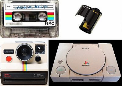 cassette tapes, film canister, and video game console